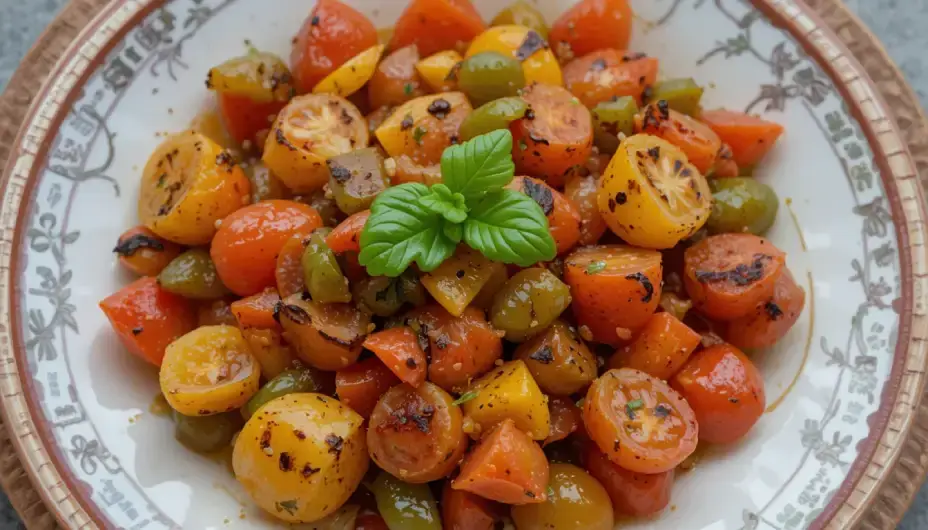 Discover Moroccan mechouia salad with grilled vegetables. Traditional recipe with roasted peppers, tomatoes & spices. Healthy and delicious Discover-Moroccan-mechouia-salad-with-grilled-vegetables.-Traditional-recipe-with-roasted-peppers-tomatoes-spices.-Healthy-and-delicious
